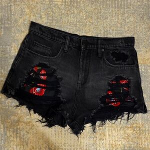 Black Distressed Denim Shorts with Red Accents